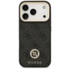 Czarne etui na telefon z wzorem 4G i logo GUESS, ozdobione błyszczącym emblematem. Etui posiada wycięcia na aparat i przyciski, a na dole widnieje napis "GUESS".