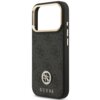 Czarne etui na telefon z teksturowanym wzorem i metalicznymi elementami, posiada logo "GUESS" oraz ozdobny emblemat z literami "4G" otoczonymi błyszczącymi kamieniami. Etui ma wycięcie na aparat oraz przyciski boczne w kolorze metalicznym.