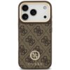 Brązowe etui na telefon z wzorem 4G i logo GUESS, ozdobione elementami strass, przeznaczone do Apple iPhone 17 Pro. Na etui widoczne jest logo GUESS w dolnej części.