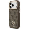Brązowe etui na telefon z wzorem 4G i logo GUESS ozdobionym strassem, zaprojektowane dla Apple iPhone 17 Pro, posiada wycięcia na aparat i przyciski. Produkt ma eleganckie wykończenie z elementami w kolorze złotym.
