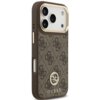 Brązowe etui na telefon z wzorem 4G i logo GUESS, ozdobione elementem Strass, zaprojektowane dla Apple iPhone 17 Pro z funkcją MagSafe. Produkt ma eleganckie wykończenie z widocznymi trzema otworami na aparat.