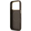 Brązowe etui do telefonu z dużym otworem na aparat, wewnątrz widoczne jest logo "GUESS". Etui posiada wycięcia na przyciski i porty oraz okrągły wzór MagSafe.