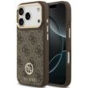 Brązowe etui na telefon z wzorem 4G i logo GUESS, ozdobione strassami, przeznaczone do modelu Apple iPhone 17 Pro. Etui posiada wycięcia na aparat i przyciski, a jego powierzchnia jest teksturowana.
