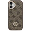 Brązowe etui na telefon z wzorem 4G i logo GUESS, ozdobione błyszczącym emblematem. Produkt przeznaczony do Apple iPhone 17, kompatybilny z MagSafe.