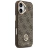 Brązowe etui na telefon z wzorem 4G i logo GUESS, ozdobione elementem w kształcie okręgu z napisem GUESS na dole. Etui posiada wycięcia na aparat i przyciski boczne.