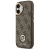 Brązowe etui na telefon z wzorem w logo 4G, ozdobione okrągłym emblematem z napisem "GUESS" na dole. Etui posiada wycięcia na aparat i przyciski, a jego powierzchnia jest teksturowana.