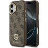 Brązowe etui na telefon z wzorem 4G i logo GUESS, zaprojektowane dla Apple iPhone 17, z funkcją MagSafe. Etui ma teksturowaną powierzchnię i wycięcia na przyciski oraz aparat.