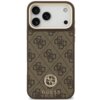 Brązowe etui na telefon z wzorem 4G i logo GUESS, ozdobione elementem Strass, przeznaczone do Apple iPhone 17 Pro Max. Na dole widoczny jest napis "GUESS".