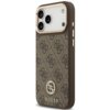 Brązowe etui na telefon z wzorem 4G i logo GUESS, ozdobione elementem Strass, przeznaczone do modelu Apple iPhone 17 Pro Max, z funkcją MagSafe. Na etui widoczne są trzy otwory na aparaty oraz przyciski boczne.