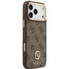 Brązowe etui na telefon z wzorem 4G i logo GUESS, ozdobione elementem Strass, przeznaczone do modelu Apple iPhone 17 Pro Max. Na dole etui widoczny jest napis "GUESS".