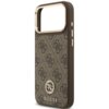 Brązowe etui na telefon z wzorem 4G i logo GUESS ozdobionym strassami, przeznaczone do Apple iPhone 17 Pro Max, z funkcją MagSafe. Na etui widoczny jest napis "GUESS".