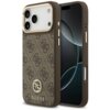 Brązowe etui na telefon z wzorem 4G i logo GUESS, zaprojektowane dla Apple iPhone 17 Pro Max, posiada wykończenie MagSafe. Na dole etui widoczny jest napis "GUESS".