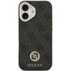 Czarne etui na telefon z wzorem w logo 4G i ozdobnym emblematem z napisem "GUESS" na dole. Etui posiada wycięcia na aparat i przyciski, a jego powierzchnia ma teksturę przypominającą tkaninę.
