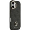 Czarne etui na telefon z teksturą w delikatny wzór, ozdobione okrągłym logo z literami "4G" oraz napisem "GUESS" na dole. Etui posiada wycięcia na aparat i przyciski, a jego krawędzie są wzmocnione.
