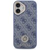 Etui na telefon w kolorze niebieskim z wzorem 4G i logo GUESS ozdobionym strassami. Produkt przeznaczony do Apple iPhone 17, kompatybilny z MagSafe.