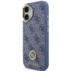 Niebieskie etui na telefon z wzorem w logo 4G i ozdobnym elementem z napisem "GUESS" na dole. Etui posiada wycięcia na aparat i przyciski, a jego powierzchnia jest teksturowana.