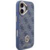Niebieskie etui na telefon z wzorem w logo "4G" oraz napisem "GUESS" na dole, ozdobione okrągłym emblematem z kryształkami. Etui posiada wycięcia na aparat i przyciski boczne.
