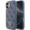 Niebieskie etui na telefon z wzorem 4G i logo GUESS na dole, zaprojektowane do iPhone'a, z widocznymi przyciskami bocznymi i otworem na aparat. W tle ekran telefonu z abstrakcyjnym wzorem.