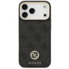 Czarne etui na telefon z wzorem 4G i logo GUESS, ozdobione błyszczącym emblematem. Na dole widoczny jest napis "GUESS".