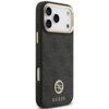 Czarne etui na telefon z teksturą i wzorem 4G, ozdobione metalowym logo GUESS w dolnej części. Etui posiada wycięcia na aparat i przyciski, a jego krawędzie są wzmocnione.