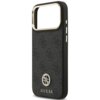 Czarne etui z teksturowanym wzorem i metalicznymi elementami, posiada logo "GUESS" oraz ozdobny emblemat z literami "G" i "S" w okręgu. Etui jest przeznaczone do telefonu iPhone 17 Pro Max i ma wycięcie na aparat oraz przyciski boczne.