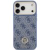 Niebieskie etui na telefon z wzorem w litery "G" oraz logo "GUESS" w dolnej części, ozdobione okrągłym emblematem z kryształkami. Etui jest przeznaczone do modelu Apple iPhone 17 Pro Max i posiada funkcję MagSafe.