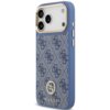 Niebieskie etui na telefon z wzorem w litery "G" oraz logo "GUESS" ozdobionym strassami. Etui posiada wycięcia na aparat i przyciski, a jego krawędzie są gładkie.