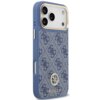 Niebieskie etui na telefon z wzorem 4G i logo GUESS, ozdobione elementem Strass, przeznaczone do Apple iPhone 17 Pro Max. Etui posiada wycięcia na aparat i przyciski, a jego powierzchnia jest ozdobiona powtarzającym się motywem.