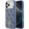 Niebieskie etui na telefon z wzorem 4G i logo GUESS, ozdobione okrągłym emblematem z kryształkami. Etui jest przeznaczone do modelu Apple iPhone 17 Pro Max i posiada wycięcia na aparat oraz przyciski.
