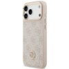 Różowe etui na telefon z wzorem 4G i logo GUESS, ozdobione elementami strass, posiada wycięcia na aparat i przyciski. Na dole widoczne jest metaliczne logo GUESS.