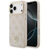 Różowe etui na telefon z wzorem 4G i logo GUESS, przeznaczone do Apple iPhone 17 Pro Max, z funkcją MagSafe. Etui ma ozdobne elementy i wycięcia na przyciski oraz aparat.