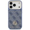 Etui na telefon w kolorze niebieskim z wzorem 4G i logo GUESS na dole, ozdobione elementem w kształcie okręgu z literami. W górnej części widoczne są trzy otwory na aparaty i jeden na lampę błyskową.