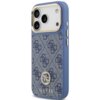 Niebieskie etui na telefon z wzorem 4G i logo GUESS, ozdobione srebrnym emblematem. Etui posiada wycięcia na aparat i przyciski, a jego powierzchnia ma teksturę przypominającą tkaninę.