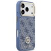Niebieskie etui na telefon z wzorem 4G i logo GUESS ozdobionym strassami, przeznaczone do Apple iPhone 17 Pro, posiada wycięcia na aparat i przyciski. Produkt jest kompatybilny z technologią MagSafe.