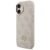 Etui w kolorze różowym z teksturą i wzorem 4G, ozdobione logo GUESS z elementami strass. Produkt jest przeznaczony do Apple iPhone 17 i posiada funkcję MagSafe.