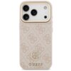 Różowe etui na telefon z wzorem 4G i logo GUESS ozdobionym strassami, przeznaczone do modelu Apple iPhone 17 Pro. Etui posiada wycięcia na trzy obiektywy aparatu oraz dodatkowe otwory na inne elementy telefonu.