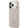 Etui na telefon w kolorze różowym z teksturowanym wzorem i logo "GUESS" na dole. W górnej części znajduje się wycięcie na aparat z trzema obiektywami i złotą ramką.