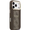 Brązowe etui na telefon z wzorem 4G i napisem "GUESS" na środku, posiada wycięcia na aparat i przyciski. Produkt jest kompatybilny z MagSafe i przeznaczony do Apple iPhone 17 Pro.