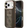 Brązowe etui na telefon z widocznym wzorem i napisem "GUESS" na środku, przeznaczone dla modelu iPhone z trzema aparatami. Etui posiada złote akcenty wokół aparatów oraz przyciski boczne.