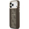 Brązowe etui na telefon z wzorem 4G i napisem "GUESS" na środku, posiada wycięcia na aparat i przyciski. Etui jest kompatybilne z MagSafe i przeznaczone do modelu Apple iPhone 17 Pro Max.