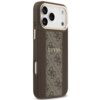 Brązowe etui na telefon z widocznym wzorem 4G i napisem "GUESS" na środku. Etui posiada wycięcia na aparat i przyciski, a jego powierzchnia jest ozdobiona teksturowanym wzorem.