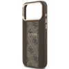 Brązowe etui na telefon z widocznym wzorem 4G i napisem "GUESS" na środku. Etui posiada wycięcie na aparat oraz przyciski boczne w jasnym kolorze.