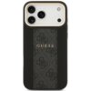 Czarne etui na telefon z trzema wycięciami na aparaty, ozdobione pionowym pasem z wzorem 4G i napisem "GUESS" w kolorze złotym. Produkt jest przeznaczony do modelu Apple iPhone 17 Pro Max i posiada funkcję MagSafe.