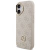 Etui do telefonu w kolorze różowym z teksturą w delikatny wzór, ozdobione metalowym logo "GUESS" oraz okrągłym emblematem z literami "4G". Produkt posiada wycięcia na aparat i przyciski, a jego krawędzie są wzmocnione.