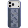 Niebieskie etui na telefon z trzema dużymi otworami na aparaty, ozdobione centralnym pasem z wzorem 4G i napisem "GUESS". Produkt ma elegancki design z teksturowanym wykończeniem.