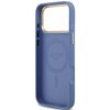 Niebieskie etui na telefon z wycięciem na aparat i metalicznym obramowaniem, z widocznym napisem "GUESS 4G PRO" wewnątrz. Etui posiada okrągłe oznaczenie MagSafe oraz otwory na przyciski i porty.
