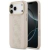 Różowe etui na telefon z widocznym logo "GUESS" oraz wzorem 4G, zaprojektowane dla modelu iPhone 17 Pro Max, z funkcją MagSafe. Etui ma wycięcia na aparat i przyciski, a jego powierzchnia jest ozdobiona teksturowanym wzorem.