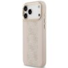 Różowe etui na telefon z wzorem 4G i napisem "GUESS" na środku, posiada złote wykończenia wokół aparatu i przycisków. Etui jest przeznaczone do modelu Apple iPhone 17 Pro Max i obsługuje technologię MagSafe.