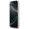 Różowe etui na telefon z widocznymi przyciskami bocznymi i otworem na aparat, przeznaczone dla modelu Apple iPhone 17 Pro Max. Na ekranie telefonu widoczny jest abstrakcyjny wzór z ciemnymi i jasnymi okręgami.
