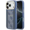 Niebieskie etui na telefon z widocznym wzorem 4G i napisem "GUESS" na tylnej części, zaprojektowane dla modelu Apple iPhone 17 Pro. Etui posiada wycięcia na aparat i przyciski, a jego krawędzie są wzmocnione.